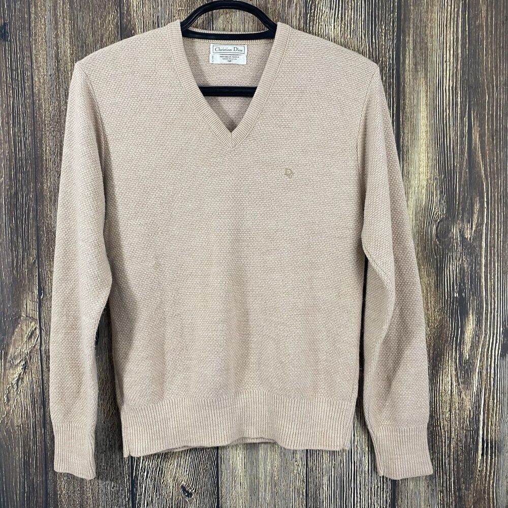 Vtg Christian Dior Mens Pullover V-Neck Beige Sweater Sz Medium Acrylic Long Slv